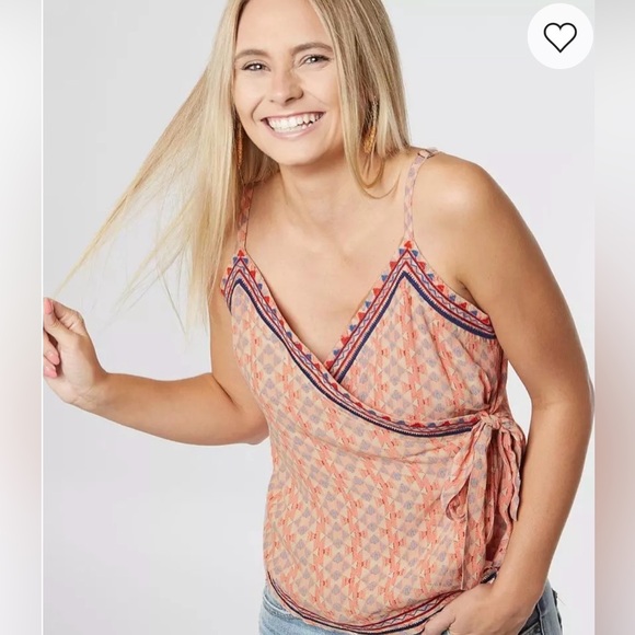 Miss Me Tops - Buckle Miss Me Geo Surplice embroidered wrap  peach & navy tank top